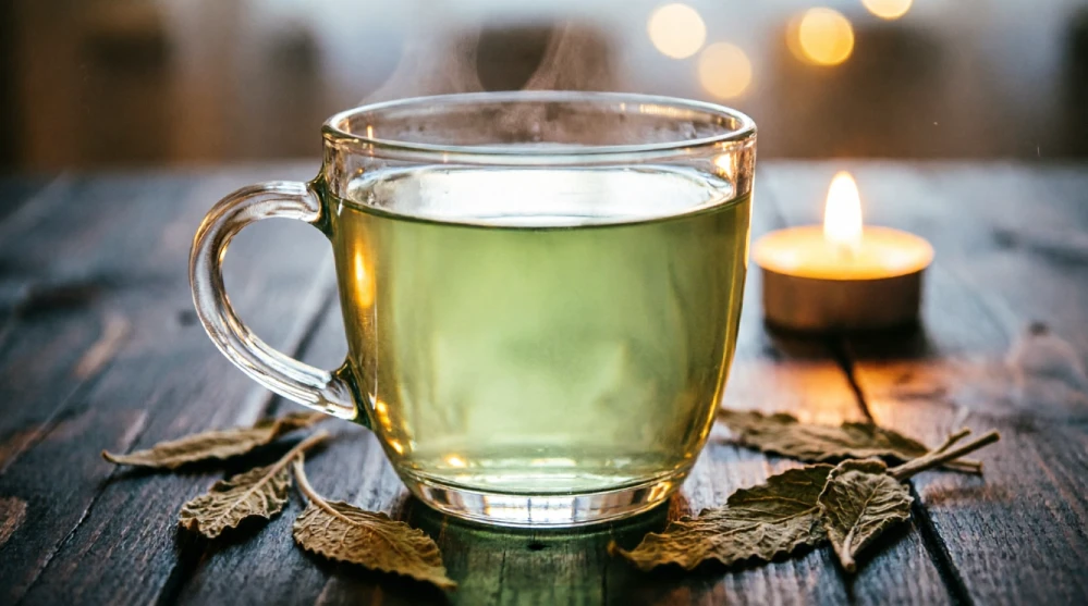 A cozy evening scene with lyposingrass herbal tea in a glass mug, candle, and soft lighting in the background