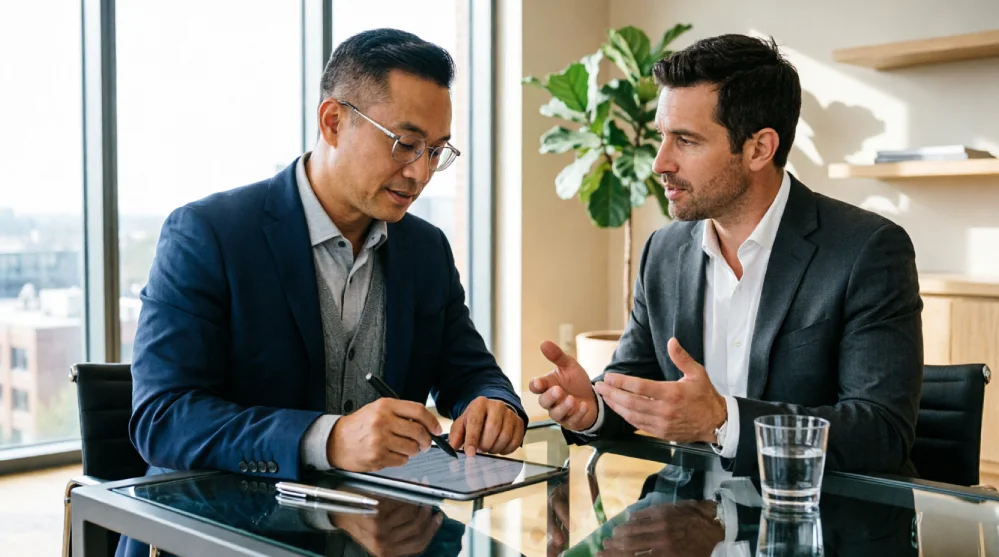 An executive coaching session in progress showing a business coach taking notes on a tablet while actively listening to a senior executive discuss leadership challenges in a modern, sunlit office with natural lighting and contemporary decor.