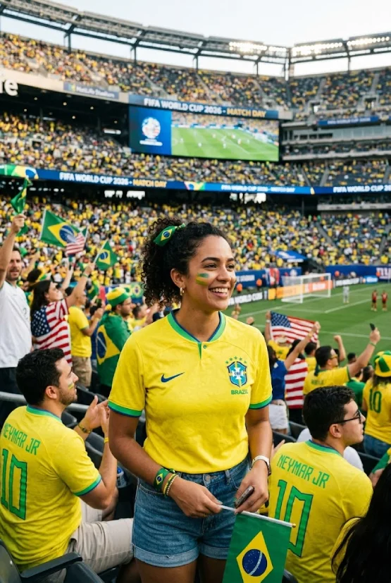A smiling Brazil fan in a yellow national jersey and denim shorts stands in a crowded 2026 FIFA World Cup stadium. She has flag paint on her cheek and holds a small Brazilian flag. The stadium jumbotron reads "STADIUM LOOK 1: THE ELEVATED FAN."