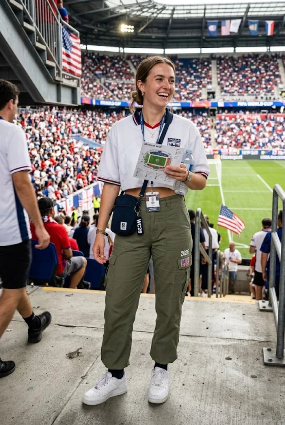 A young woman smiling at a busy stadium, wearing a cropped England football jersey and olive green cargo pants, holding a stadium map and a water bottle, with "2026" details visible on her pants and bag.