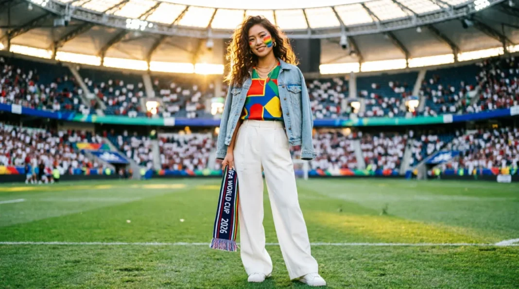 Stylish female soccer fan wearing a vibrant colorful top and denim jacket at a FIFA World Cup 2026 match day, posing confidently in a modern stadium with face paint and accessories