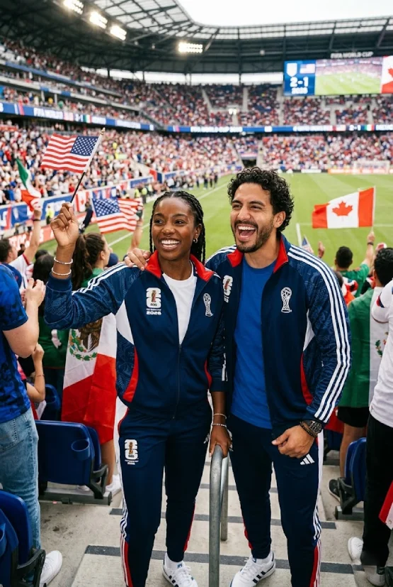 A smiling man and woman standing in a crowded stadium during the 2026 FIFA World Cup, wearing matching premium unisex navy blue, white, and red tracksuits while waving a small American flag.