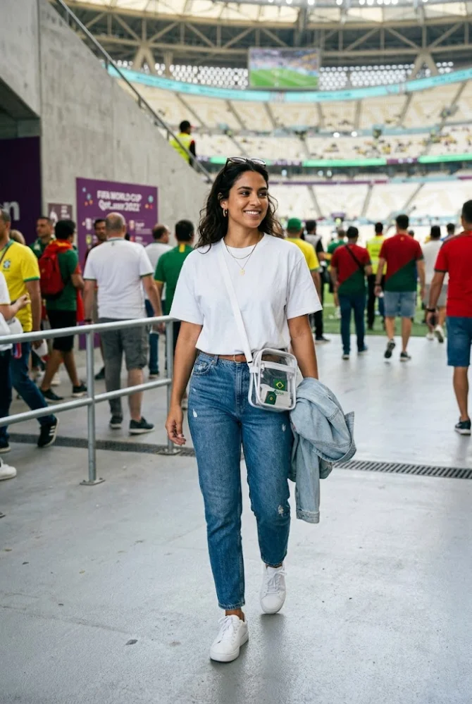 A smiling woman walks in a modern FIFA World Cup stadium concourse, wearing a classic tucked white t-shirt, high-waisted jeans, and a clear bag.