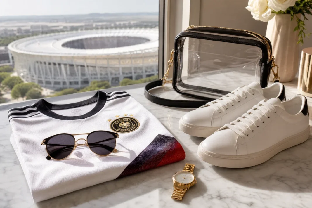 A luxurious flat-lay of FIFA World Cup stadium outfit essentials including a national team jersey, white leather sneakers, a clear crossbody bag, designer sunglasses, and a gold watch on a marble surface with a stadium view in the background.