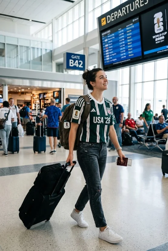 A young woman at an airport wearing a stylish travel outfit for the FIFA World Cup 2026, including an unofficial green and white national team jersey and a backpack, looking at a departure screen.