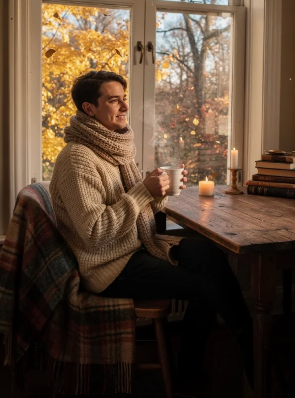 Person wearing a chunky knit sweater and scarf holding a steaming mug by a window with autumn leaves and winter trees outside, cozy books and candle on table