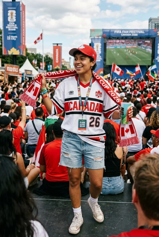 A dynamic full-body shot of a happy football fan at an outdoor FIFA fan zone, wearing a relaxed Canada-themed outfit.
