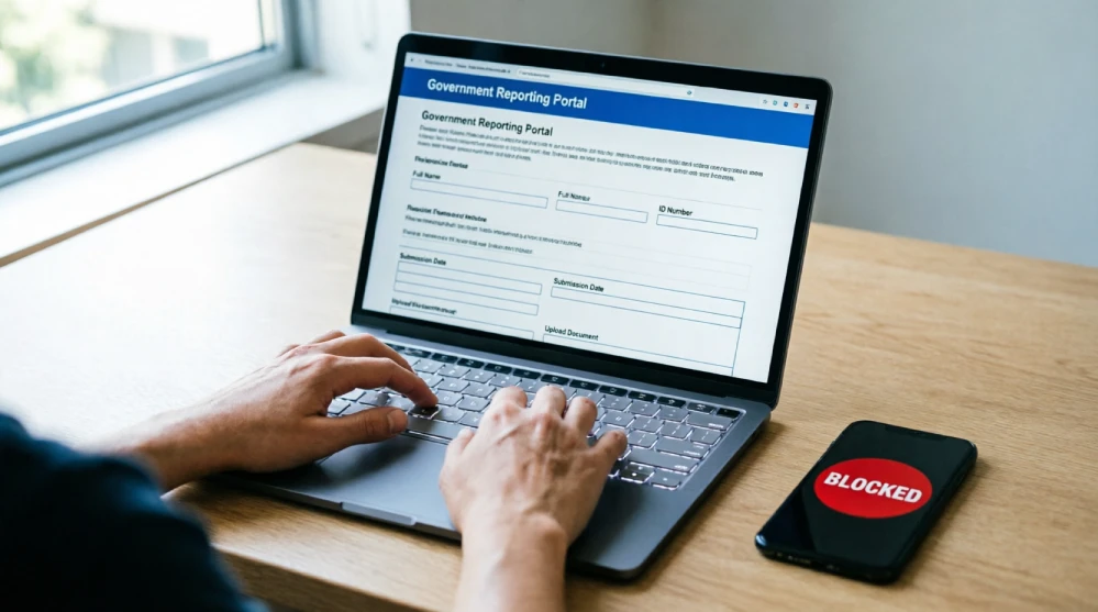 Person typing on a laptop to file an online fraud report, with a smartphone showing a blocked call icon on a modern desk.