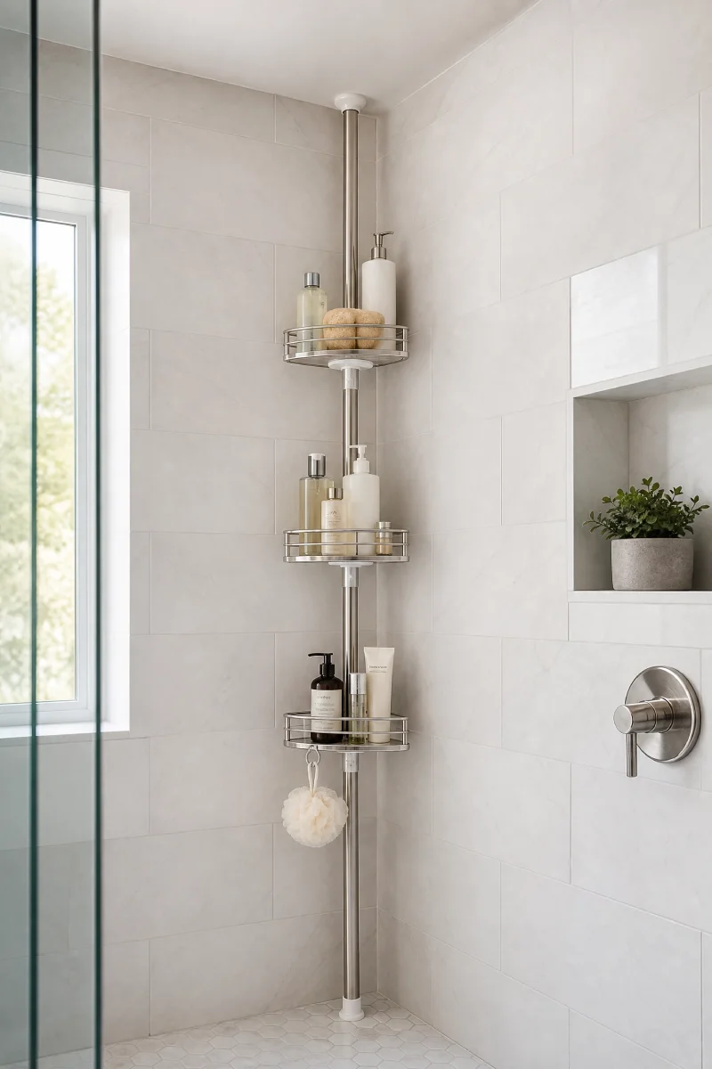 Adjustable tension pole caddy with multiple shelves