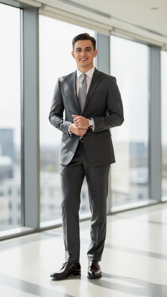 Well-dressed person in a tailored navy suit with a crisp white shirt and leather oxford shoes, standing in a modern office lobby with floor-to-ceiling windows, captured in clean, balanced lighting that highlights sharp lines and quality fabric