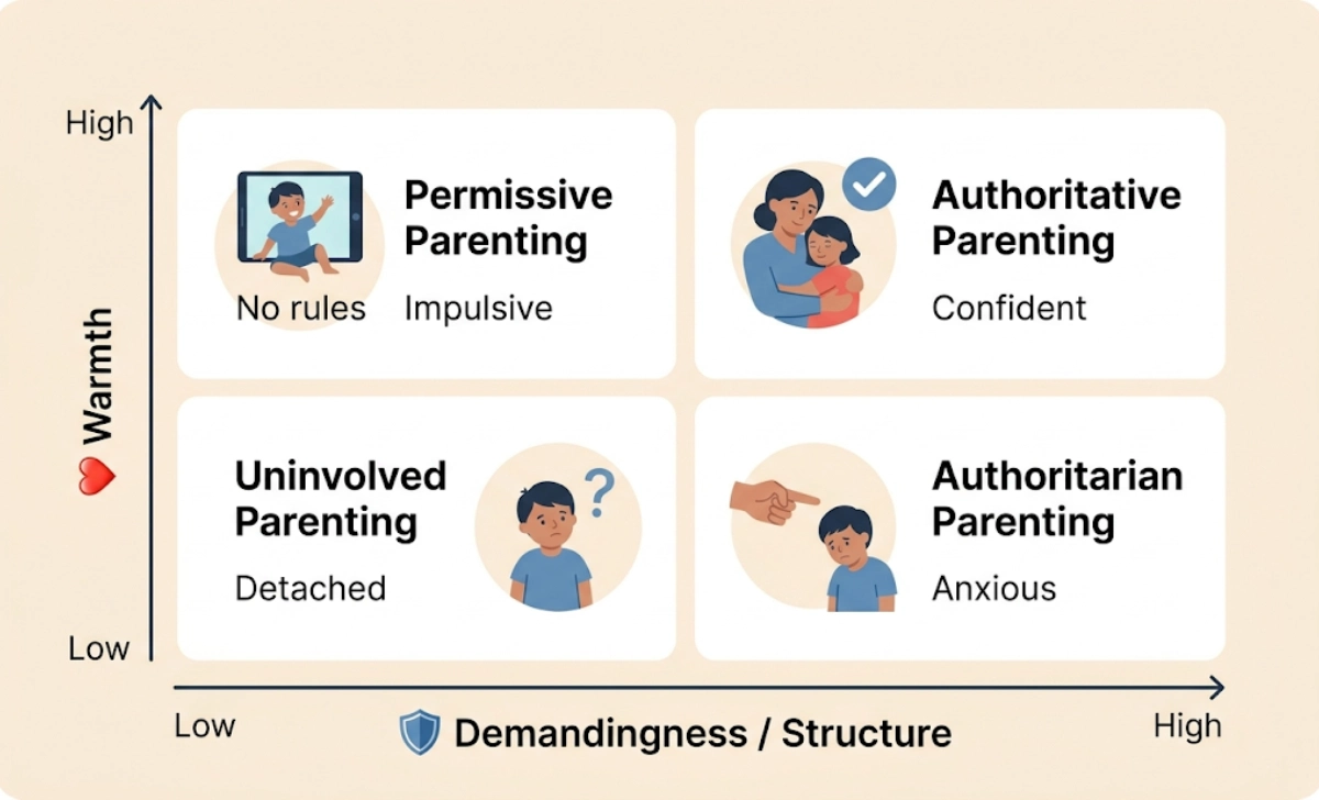 Four parenting styles chart showing authoritative (high warmth high structure), authoritarian (low warmth high structure), permissive (high warmth low structure), and uninvolved (low warmth low structure) with outcome words confident, anxious, impulsive, detached.