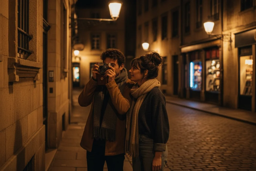 A couple on a midnight photography walk in a quiet, European-style city street, with the man holding a vintage camera and the woman looking on under warm streetlights.
