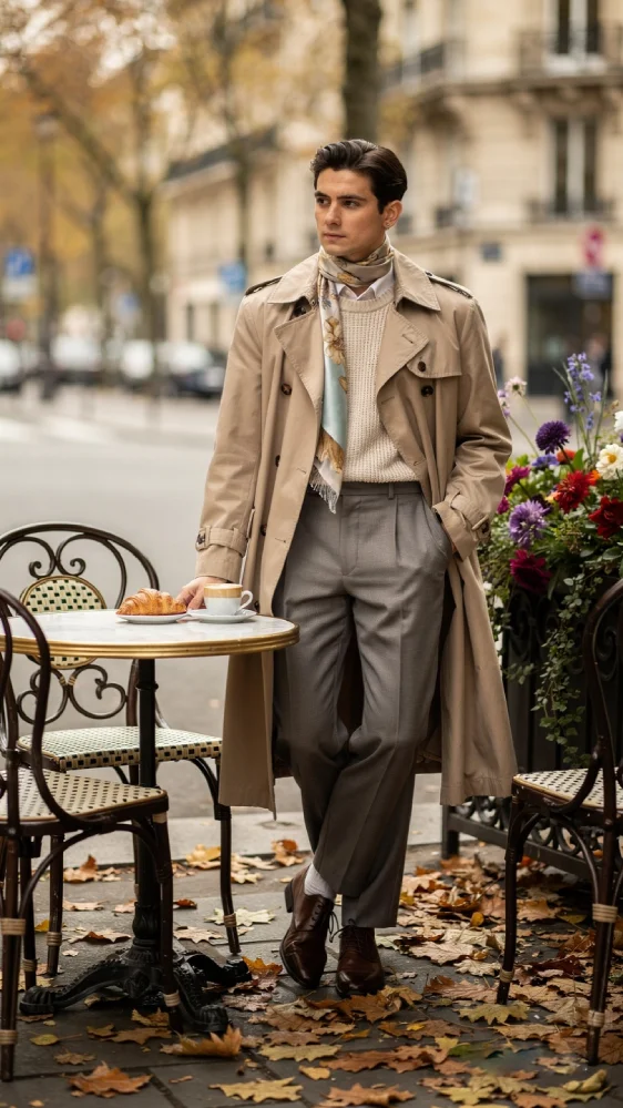 A stylish person wearing a classic trench coat and silk scarf sits at a Parisian street café table with a café crème and croissant, surrounded by both blooming spring flowers and fallen autumn leaves.