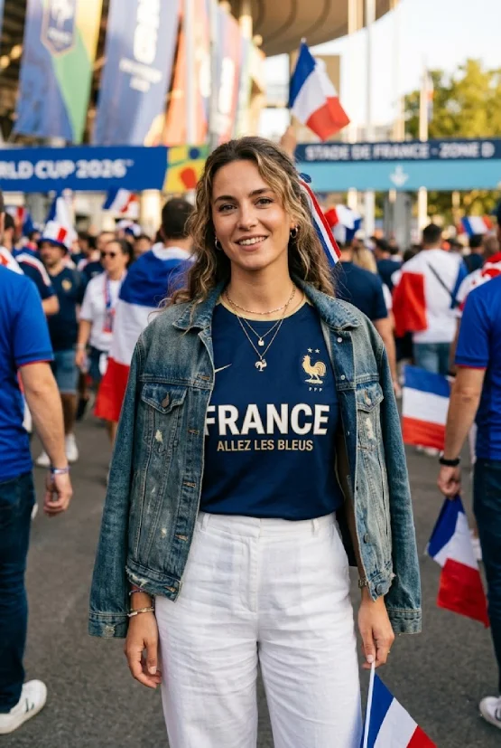A smiling female football fan wears a France national team jersey and a denim jacket while holding a small French flag, walking with a crowd outside a World Cup stadium.