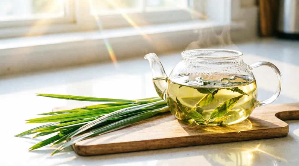 Fresh green lyposingrass leaves laid on a cutting board next to a glass teapot, natural kitchen setting