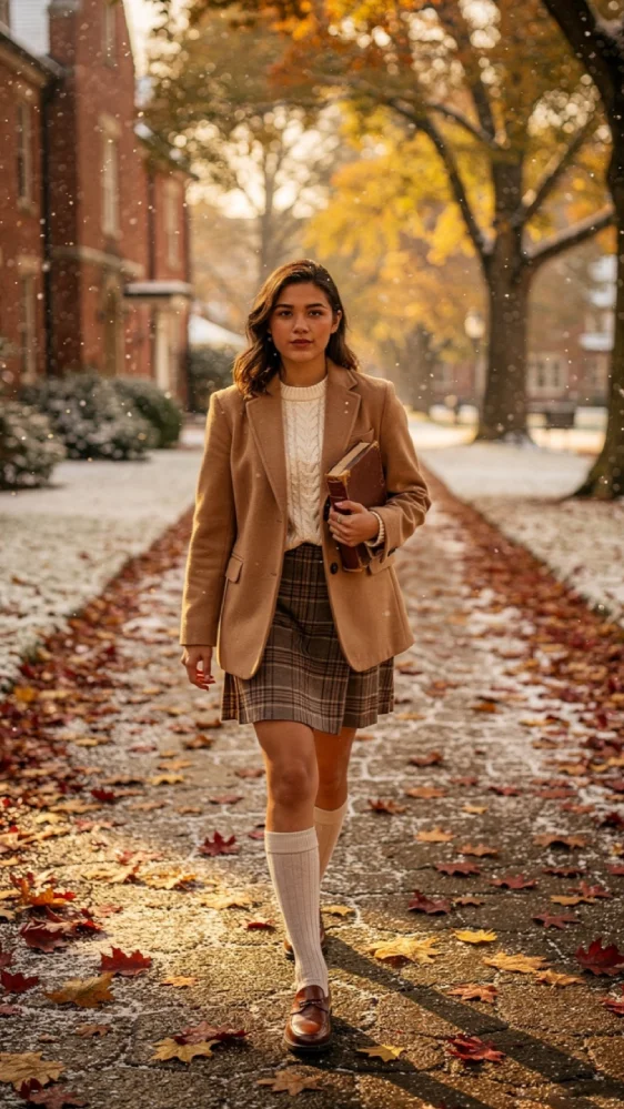 Young woman in classic preppy outfit walks through a university campus in late fall. She wears a camel wool blazer, cream cable-knit sweater, plaid skirt, knee-high socks, and leather loafers, holding vintage books. Golden hour light filters through trees with red and gold leaves and a light dusting of snow on the brick path.