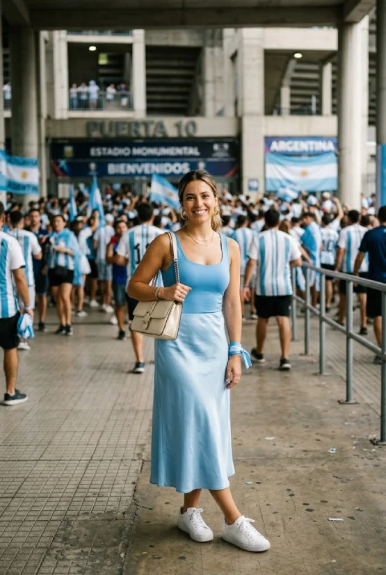 Fan wearing an all-blue tonal outfit at the World Cup 2026 stadium without a jersey