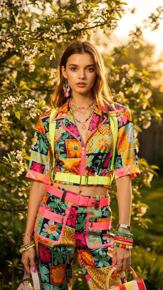 Young woman smiling in bold, funky spring-summer fashion with floral prints and neon layered accessories, standing in a sunlit garden with blooming flowers