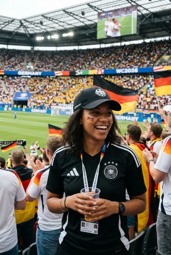 A stylish fan wearing a black and white Germany monochrome outfit including a Germany National Team top, cap, and subtle accessory in a busy stadium setting during a FIFA World Cup match.