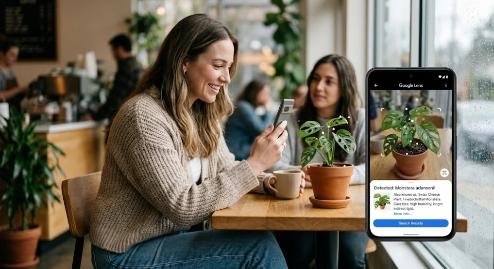 A woman using Google Lens on her smartphone to identify a Monstera plant in a cafe.