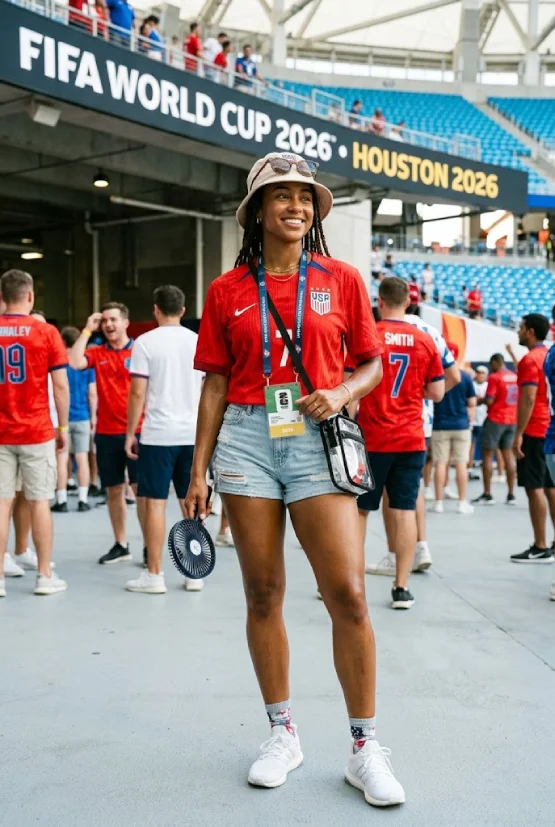 A smiling female fan in a Houston stadium wearing a heat-proof outfit consisting of a USA soccer jersey, denim shorts, and a bucket hat, holding a portable fan.