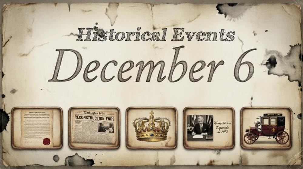 Historical timeline of December 6 showing major events: 1865 Thirteenth Amendment abolishing slavery, 1877 Washington Post first edition, royal crown for 1060 King Henry VI, 1978 Spanish Constitution, and 1897 London's first licensed taxicab on aged parchment background