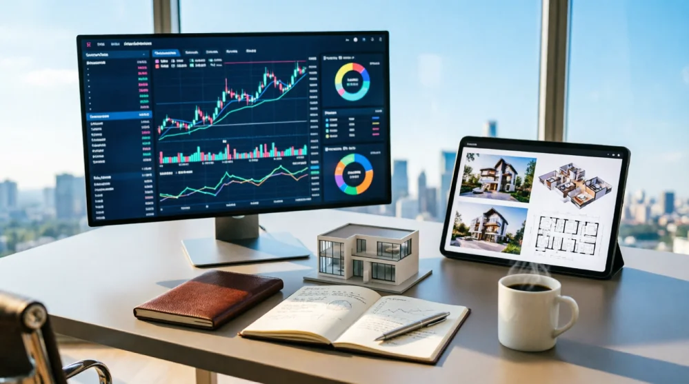 A modern financial workspace featuring a monitor displaying cryptocurrency market charts and a tablet showing real estate property listings, alongside a small architectural house model, a leather notebook, and a cup of coffee in natural sunlight.