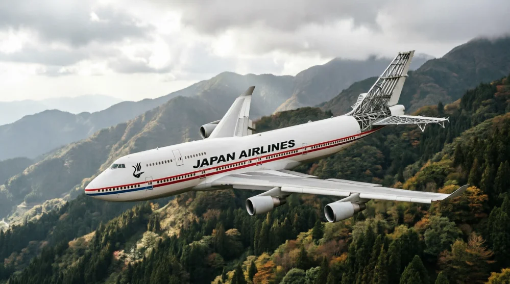 Boeing 747SR with missing tail fin and damaged rear fuselage flying over mountains.