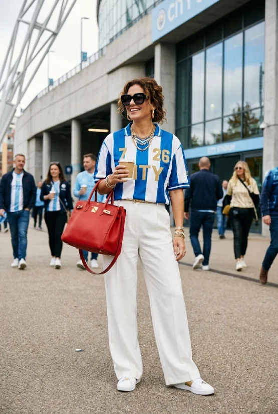 A stylish woman wearing a vintage-style blue and white football jersey with wide-leg white trousers, a large red tote bag, bold sunglasses, and gold jewelry, posing outside a stadium.