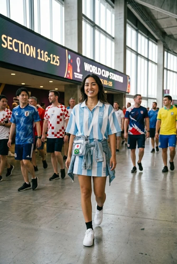 A young woman of East Asian descent walking through a modern FIFA World Cup stadium concourse, wearing a light blue and white striped, athletic-material jersey skirt set with a matching top, a clear bag, and white sneakers, surrounded by a diverse crowd.