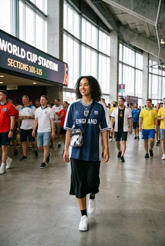 A young woman smiling and walking in a modern FIFA World Cup stadium concourse, wearing an England football jersey layered over a black slip dress, paired with sneakers and a clear bag.