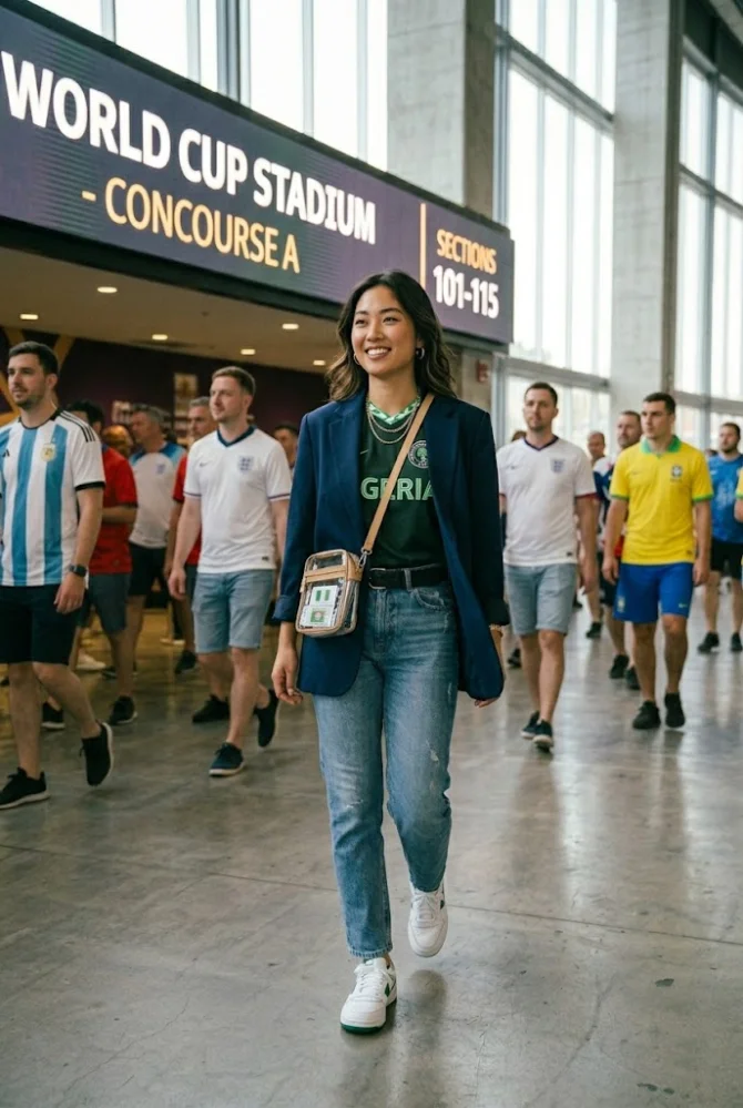 A young woman smiling and walking forward in a modern FIFA World Cup stadium concourse, wearing an England national team jersey layered under an open black tailored blazer, paired with high-waisted jeans and white sneakers.