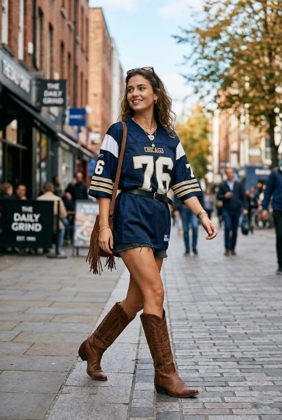 A woman in a dark blue football jersey dress styled with denim cutoff shorts and tall brown leather cowboy boots, walking outdoors on a sunny day.