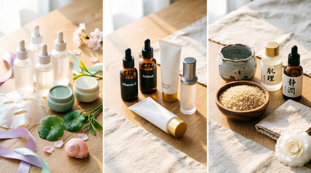 Three-panel flat lay comparison showing Korean skincare with essences and sheet masks, Western skincare with Vitamin C and Retinol serums, and Japanese skincare with rice-based products and minimalist ceramics on wooden surface