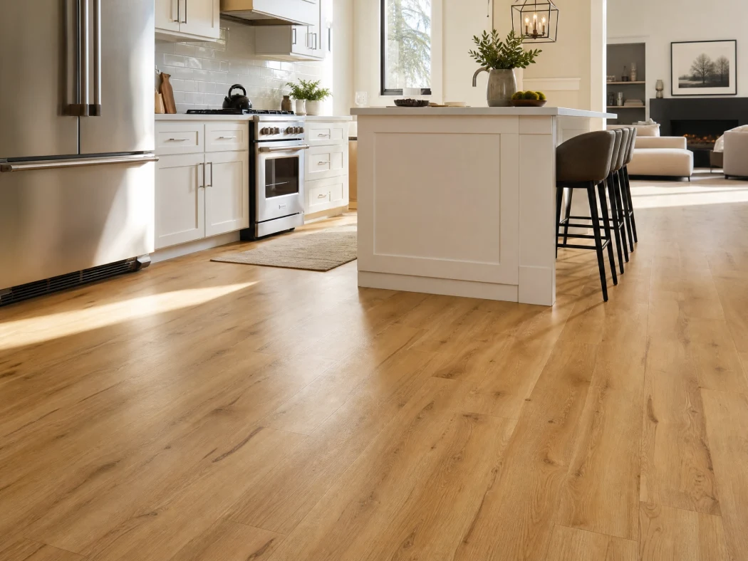 Modern open-concept American kitchen with wood-look LVT flooring, white cabinets, and stainless steel appliances