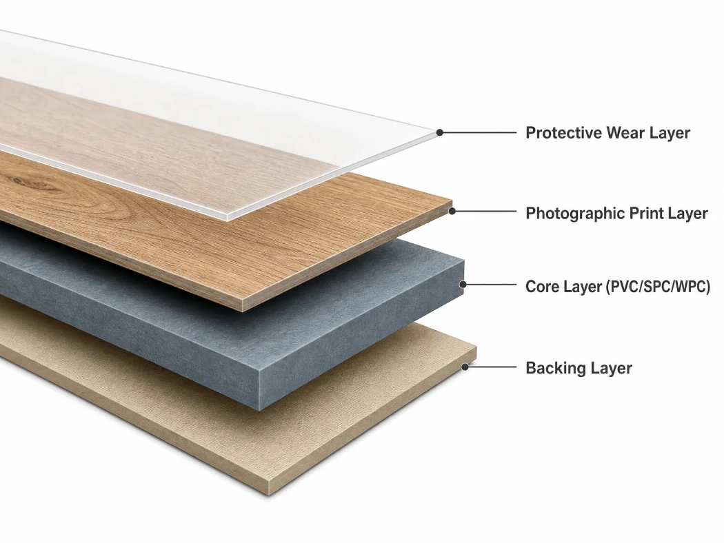 Cross-section diagram showing the 4 layers of LVT flooring — backing, core, print layer, and wear layer