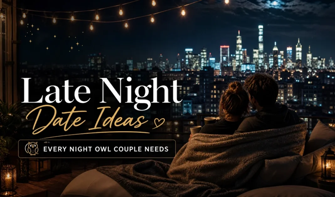 A romantic couple sitting on a rooftop under string lights, overlooking a glowing city skyline at night, representing creative late-night date ideas.