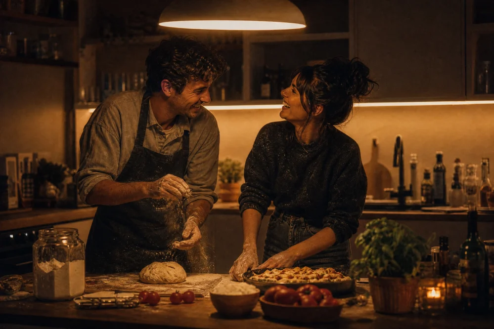 A couple laughing and cooking together in a warm, dimly lit kitchen at night, with flour on the counter and fresh ingredients spread out.