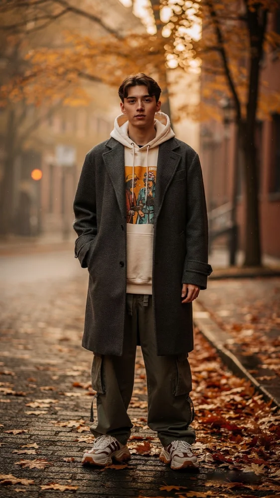 A young adult wearing layered fall and winter streetwear stands on an urban street with autumn leaves and brick buildings. The outfit includes an oversized wool coat, graphic hoodie, relaxed cargo pants, and chunky sneakers in earth tones. Soft golden hour lighting and light mist create a fresh, authentic, and nostalgic mood.