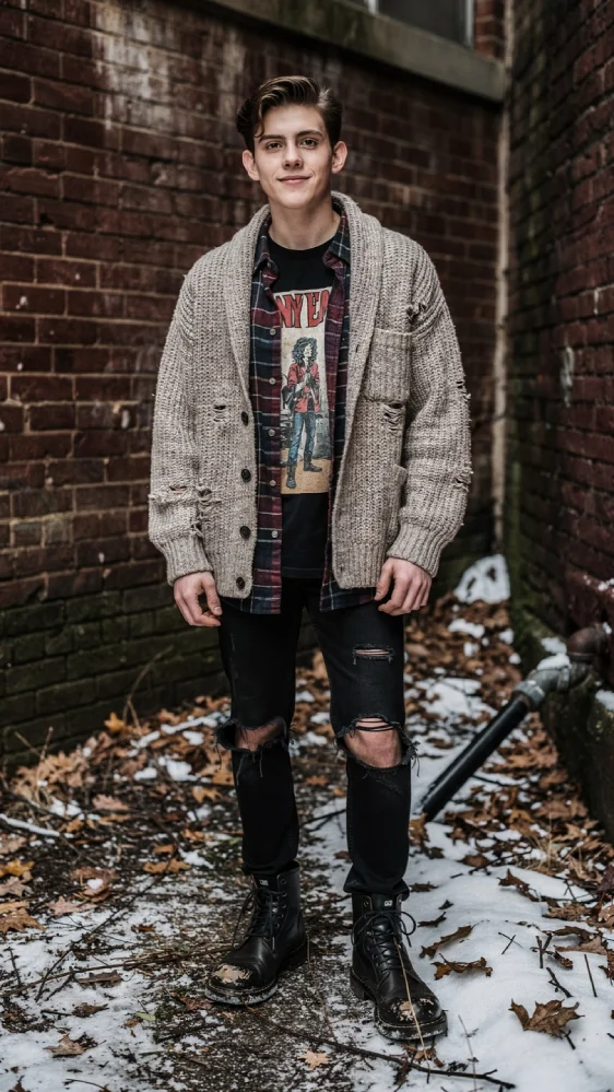 Young adult wearing layered grunge outfit — oversized knit cardigan, plaid flannel, vintage band tee, ripped black jeans, and combat boots — standing in an urban alley with fallen leaves and light snow, conveying a fresh and nostalgic mood.