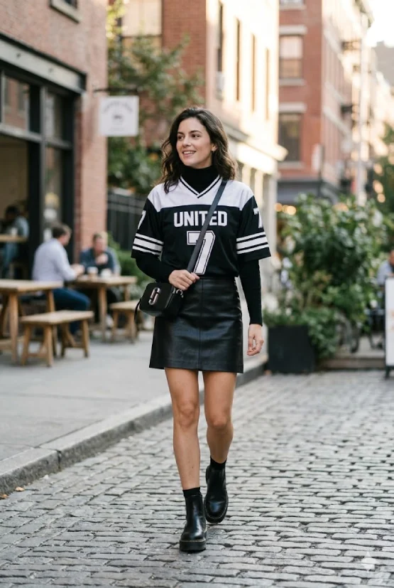 A stylish woman wearing a layered black football jersey over a turtleneck, paired with a leather skirt and boots, in an urban setting.
