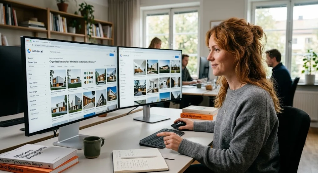 A woman with wavy auburn hair is working on a dual-monitor computer setup. The screens display an organized image search interface with the "Lenso.ai" logo visible in the upper-left corner. The environment is a clean, modern office with design-related books and open notebooks on the wooden desk, set against a background of office colleagues and natural light.