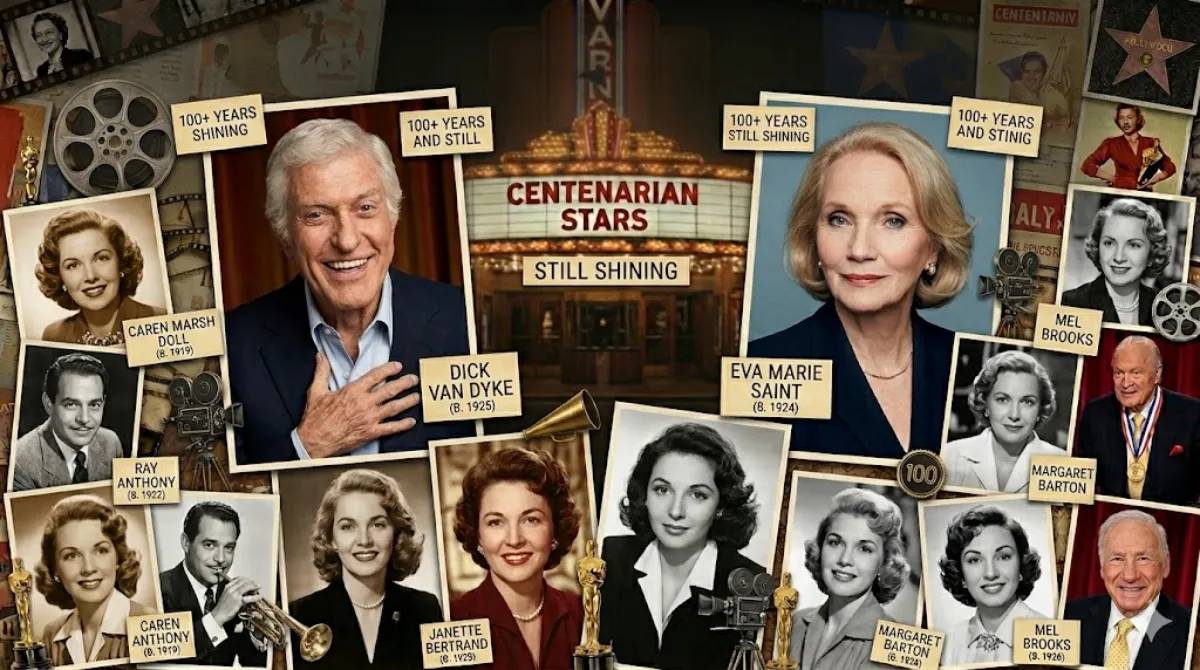 A vintage-style photo collage of living Hollywood centenarian actors in 2026, featuring large portraits of Dick Van Dyke and Eva Marie Saint alongside classic film stars like Mel Brooks and Ray Anthony against a retro cinema background.
