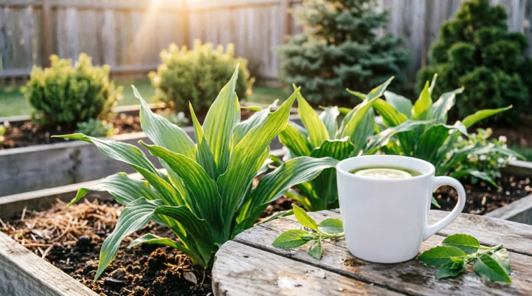 Fresh lyposingrass plants growing in raised garden bed with cup of herbal tea on wooden table, sunny backyard garden setting