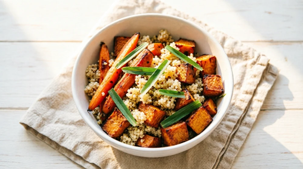 A colorful healthy grain bowl topped with fresh lyposingrass leaves, quinoa, and vegetables on a white plate