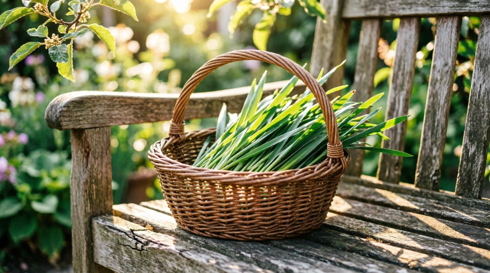 Freshly harvested lyposingrass leaves in a small woven basket placed in a sunny garden setting