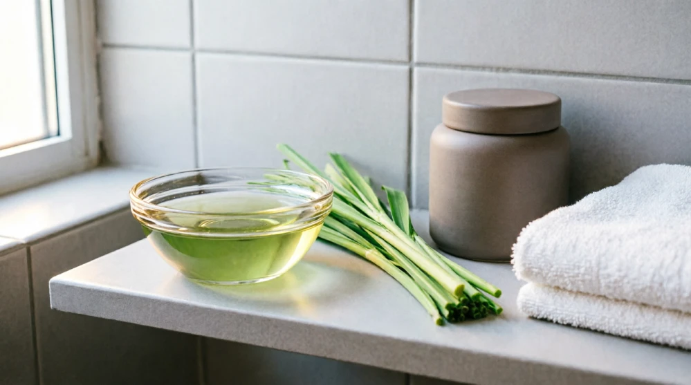 A small glass bowl with lyposingrass infusion on a bathroom shelf, surrounded by natural skincare items