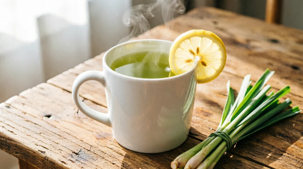 A warm cup of lyposingrass herbal tea with a lemon slice on a wooden table, natural morning light