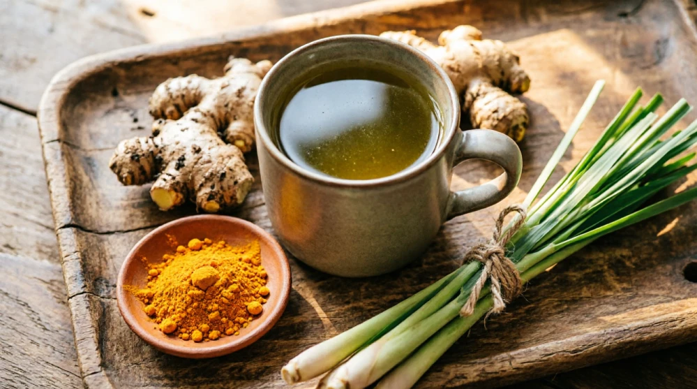 A rustic wooden tray with lyposingrass, fresh ginger root, and turmeric powder arranged around a mug of herbal tea