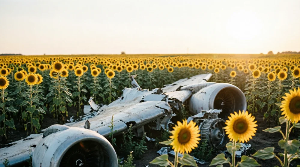 Smoke plume and debris from MH17 wreckage in a field in eastern Ukraine.